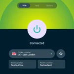 Giao diện ứng dụng ExpressVPN đang kết nối trên màn hình TV lớn, thể hiện sự bảo vệ dữ liệu khi truy cập mạng công cộng.