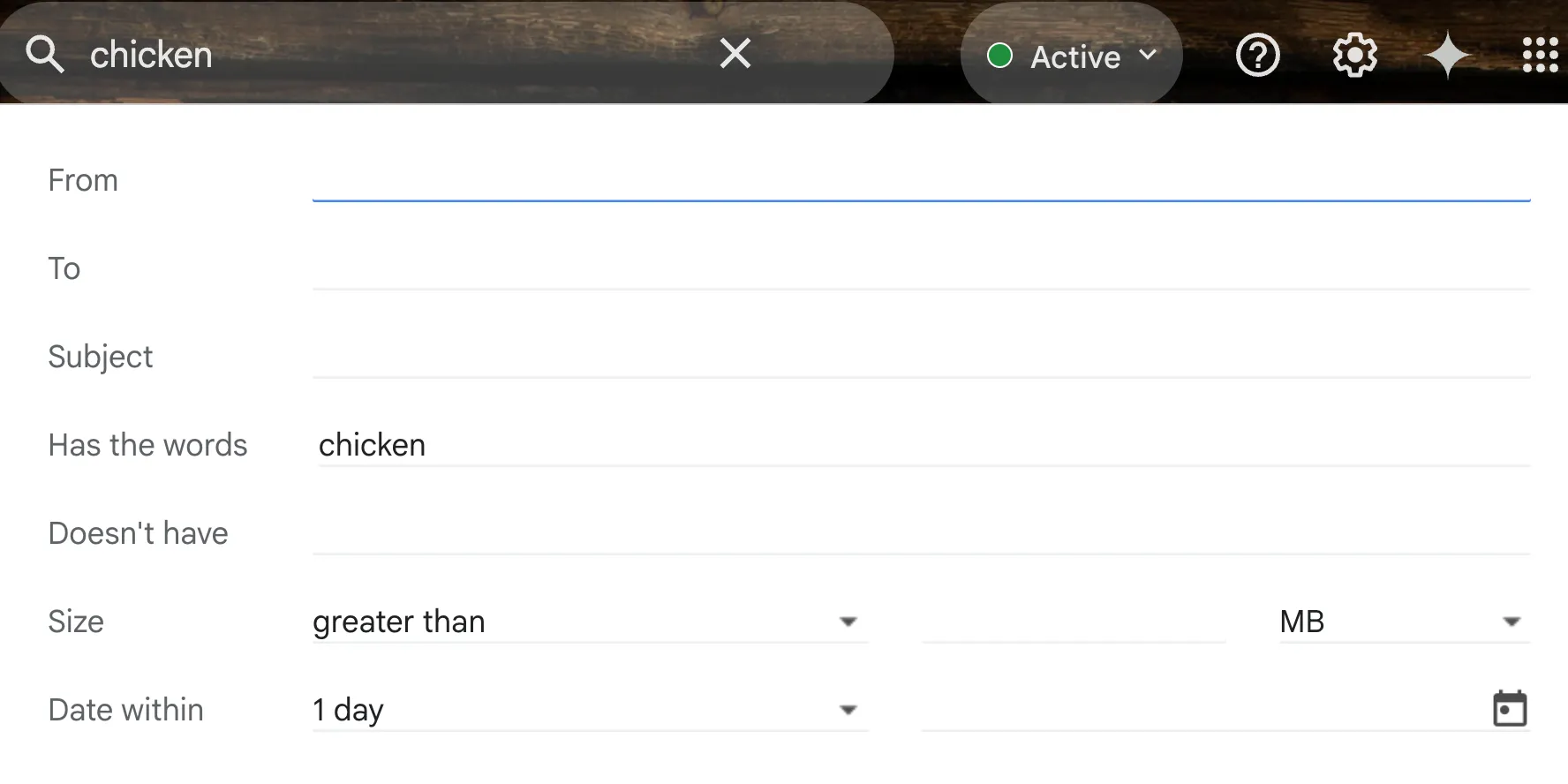 Giao diện ứng dụng Gmail với các tùy chọn tìm kiếm nâng cao