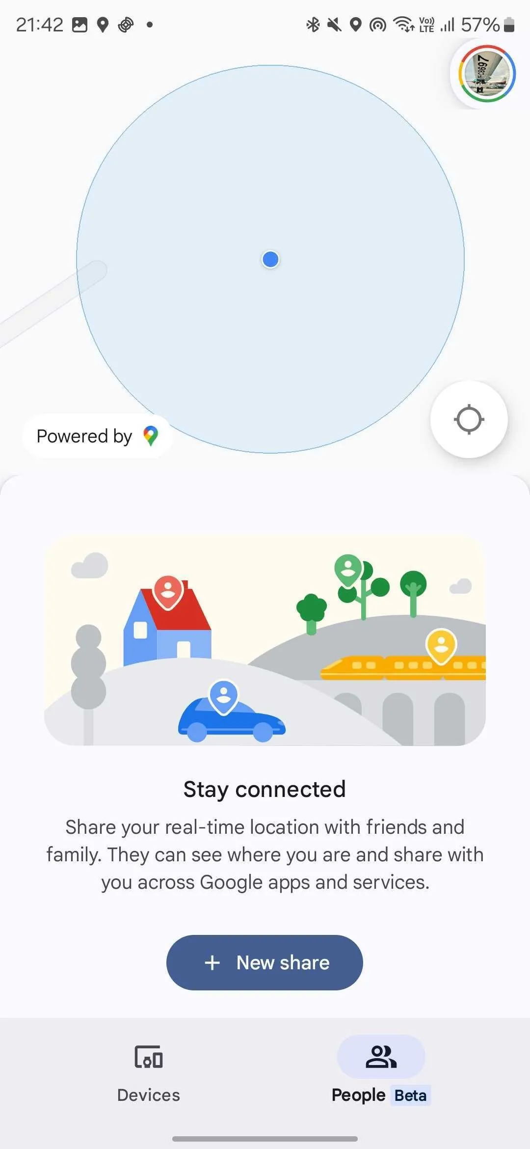 Giao diện ứng dụng Google Tìm thiết bị với tab Mọi người (Beta) được chọn và tùy chọn Chia sẻ mới.
