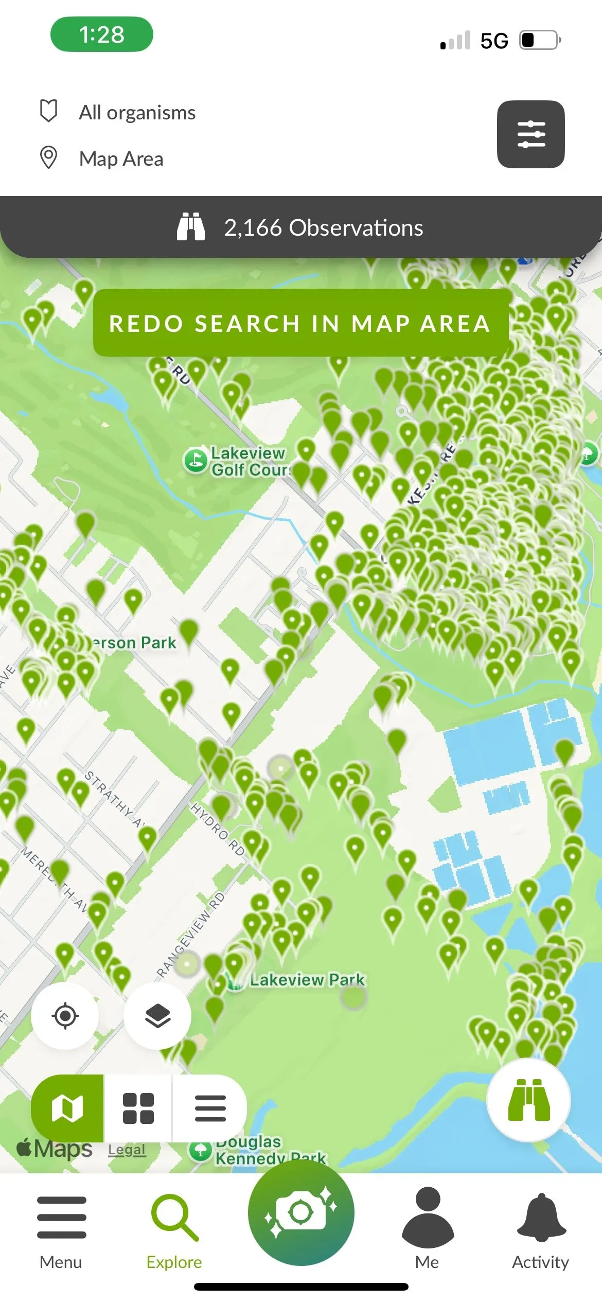 Giao diện ứng dụng iNaturalist hiển thị bản đồ các điểm nóng quan sát động vật hoang dã