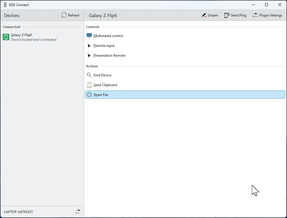 Giao diện ứng dụng KDE Connect hoạt động trên Windows 11