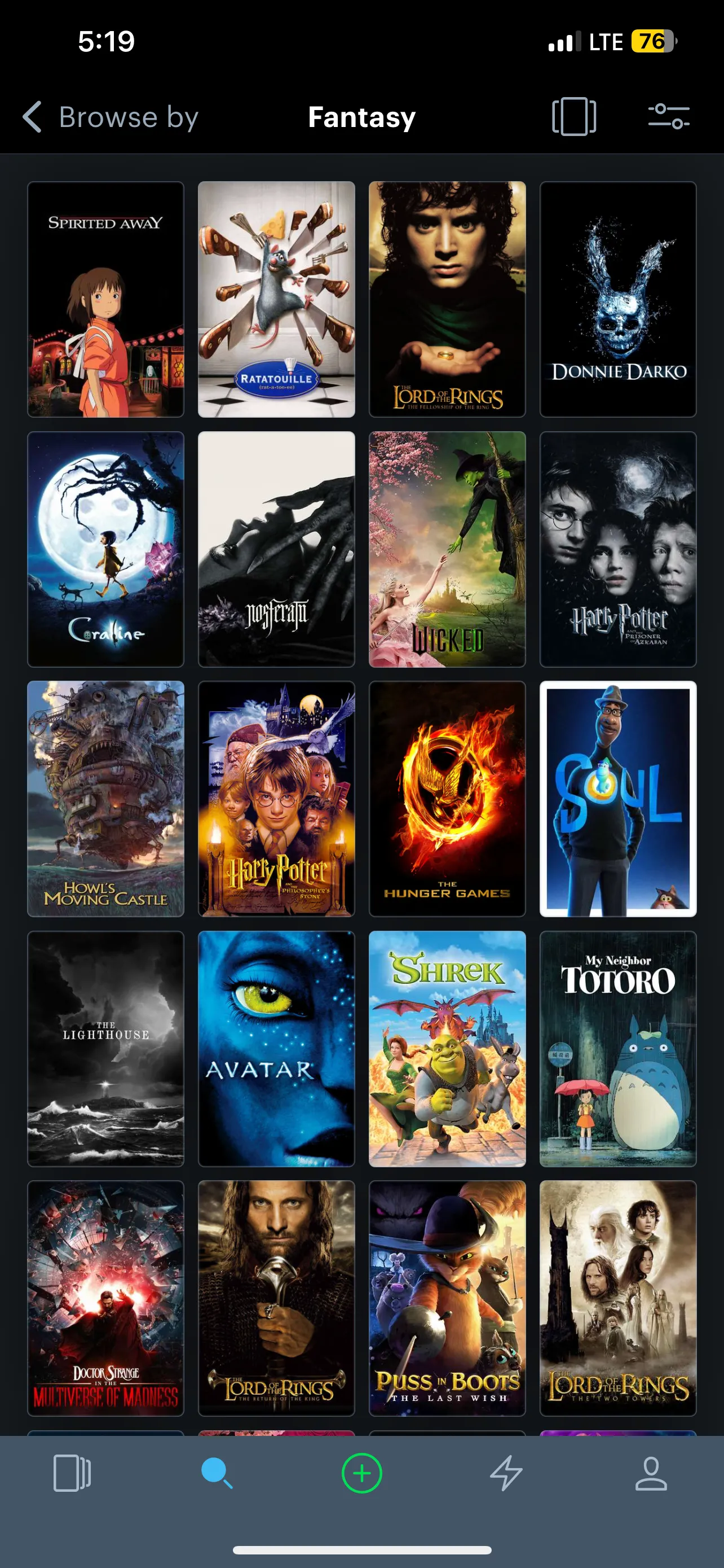 Giao diện ứng dụng Letterboxd hiển thị các bộ phim thuộc thể loại giả tưởng như Avatar và Spirited Away
