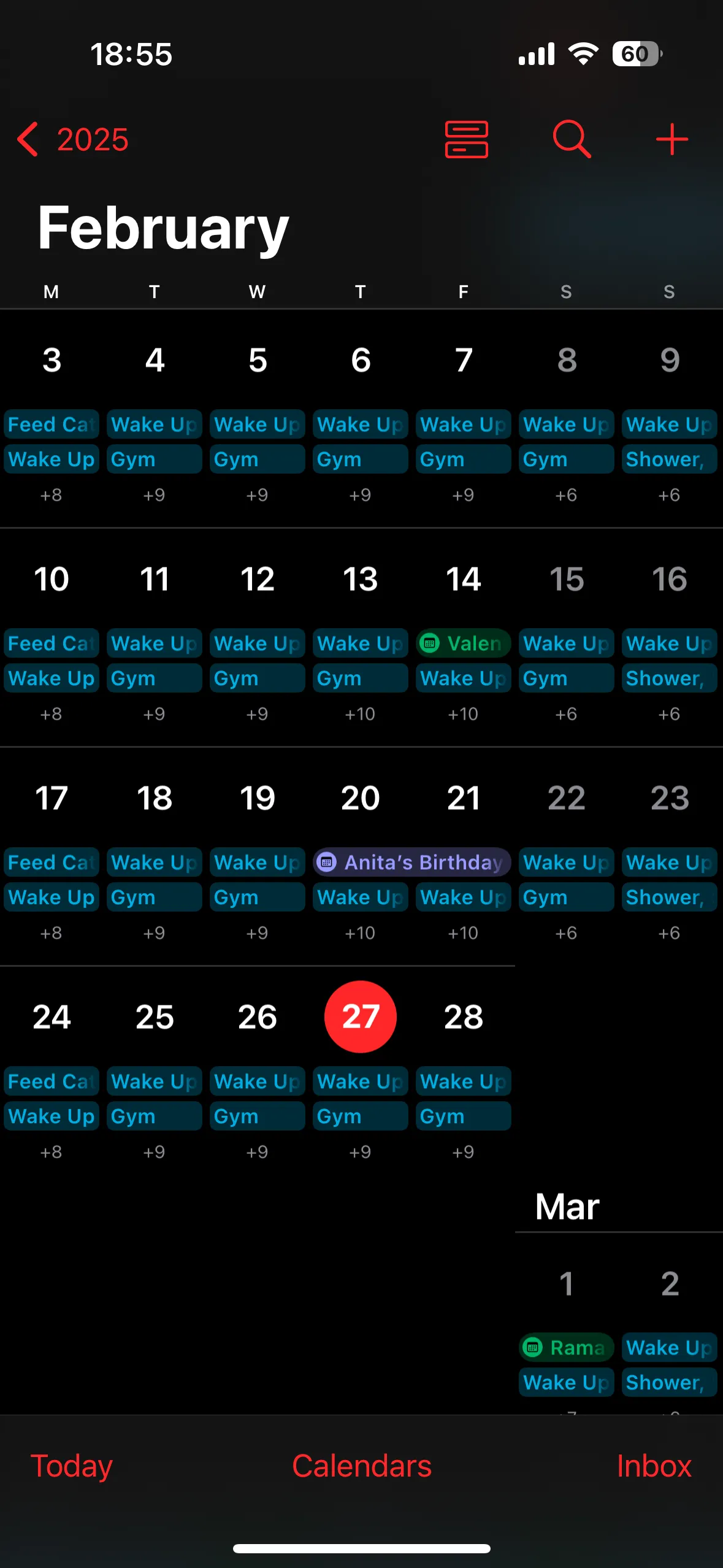 Giao diện ứng dụng Lịch (Apple Calendar) trên iPhone hiển thị các tùy chọn quản lý và thêm lịch