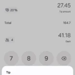 Giao diện ứng dụng Máy tính Samsung khi tính tiền tip và chia hóa đơn