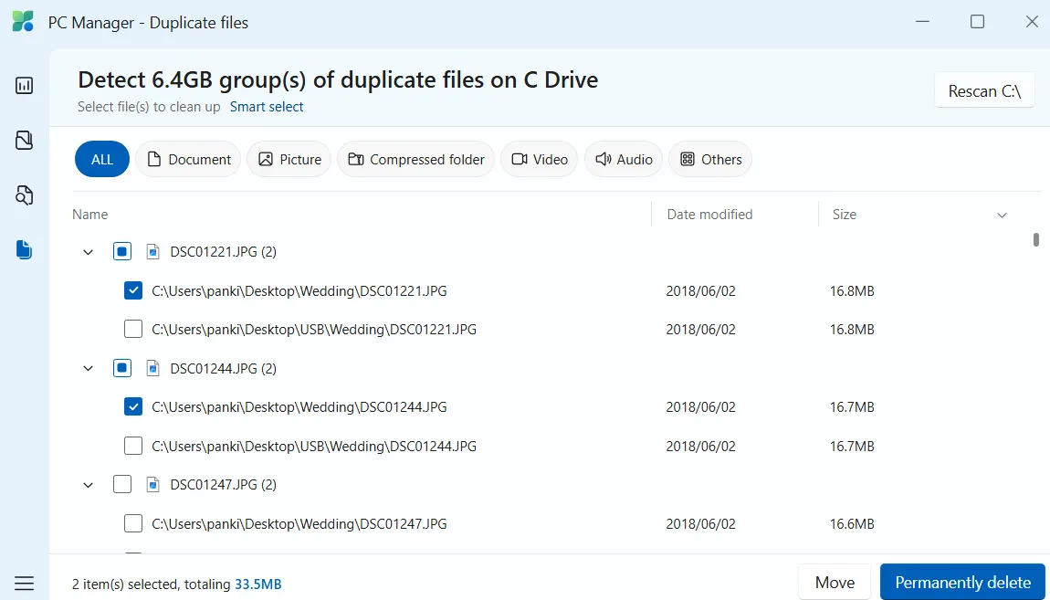 Giao diện ứng dụng Microsoft PC Manager hiển thị danh sách các tệp trùng lặp được phát hiện trên hệ thống Windows