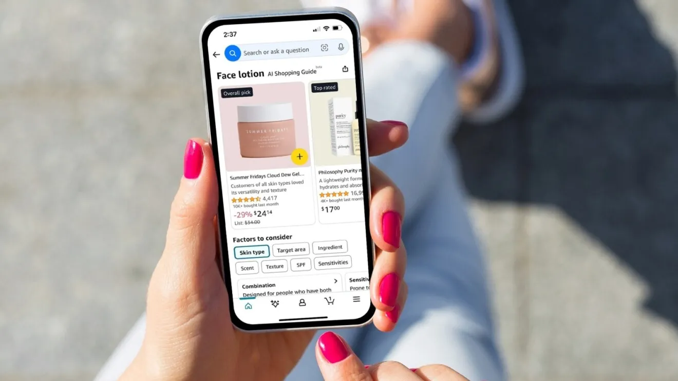 Giao diện ứng dụng mua sắm Amazon, minh họa nơi người dùng cần cảnh giác với giá cả sản phẩm có ảnh AI.