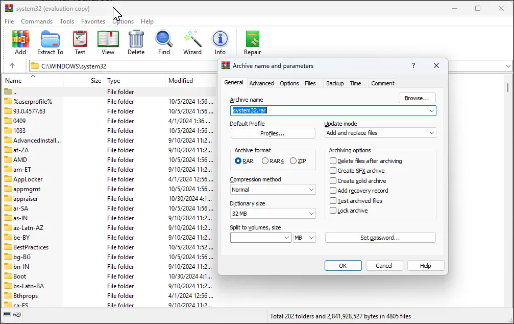Giao diện ứng dụng nén và giải nén WinRAR trên Windows 11 với hộp thoại nén file đang mở