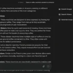 Giao diện ứng dụng Perplexity AI hiển thị danh sách các loại máy pha cà phê sau khi tìm kiếm