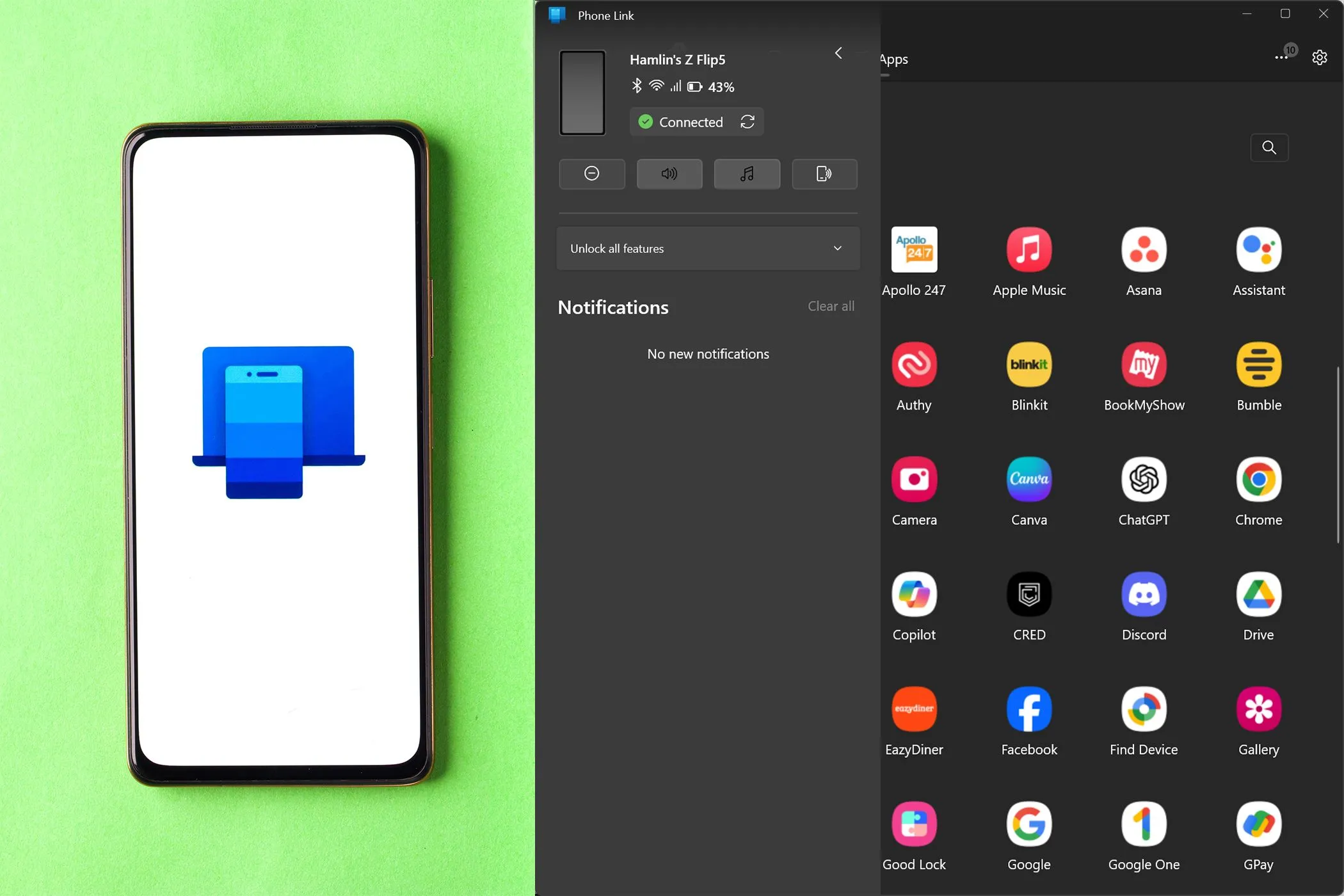 Giao diện ứng dụng Phone Link trên Windows kết nối với điện thoại Android, minh họa tính năng Trải nghiệm được chia sẻ.