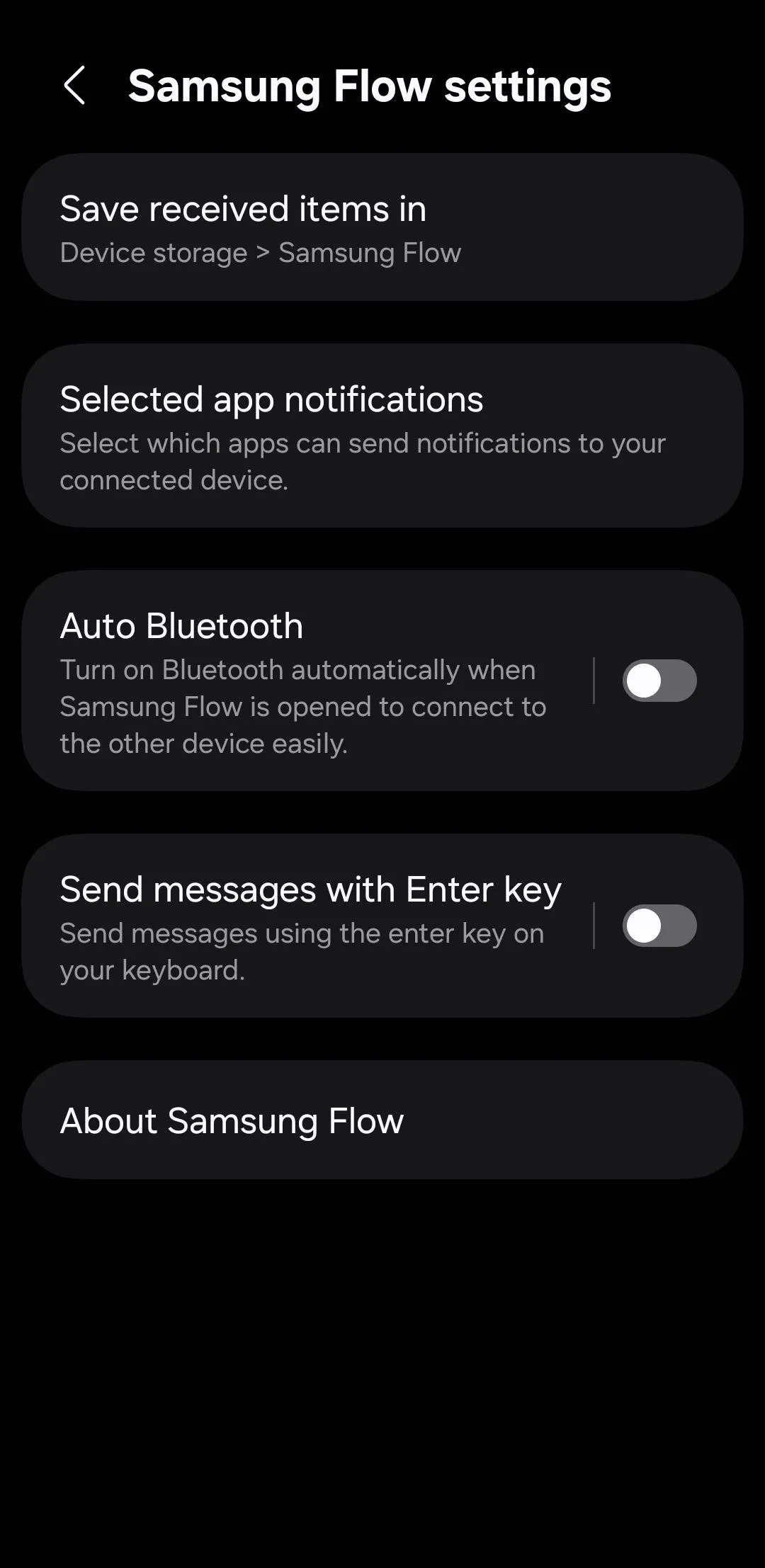Giao diện ứng dụng Samsung Flow trên điện thoại Galaxy hiển thị menu cài đặt thông báo