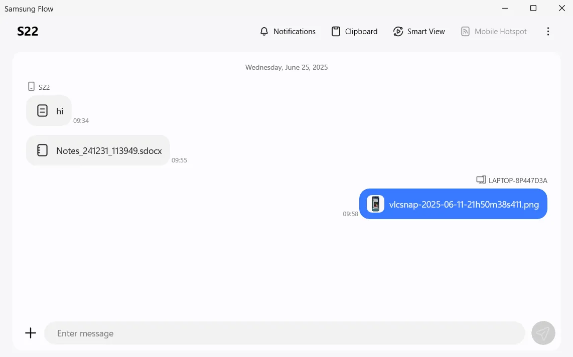 Giao diện ứng dụng Samsung Flow trên máy tính Windows hiển thị lịch sử chia sẻ file