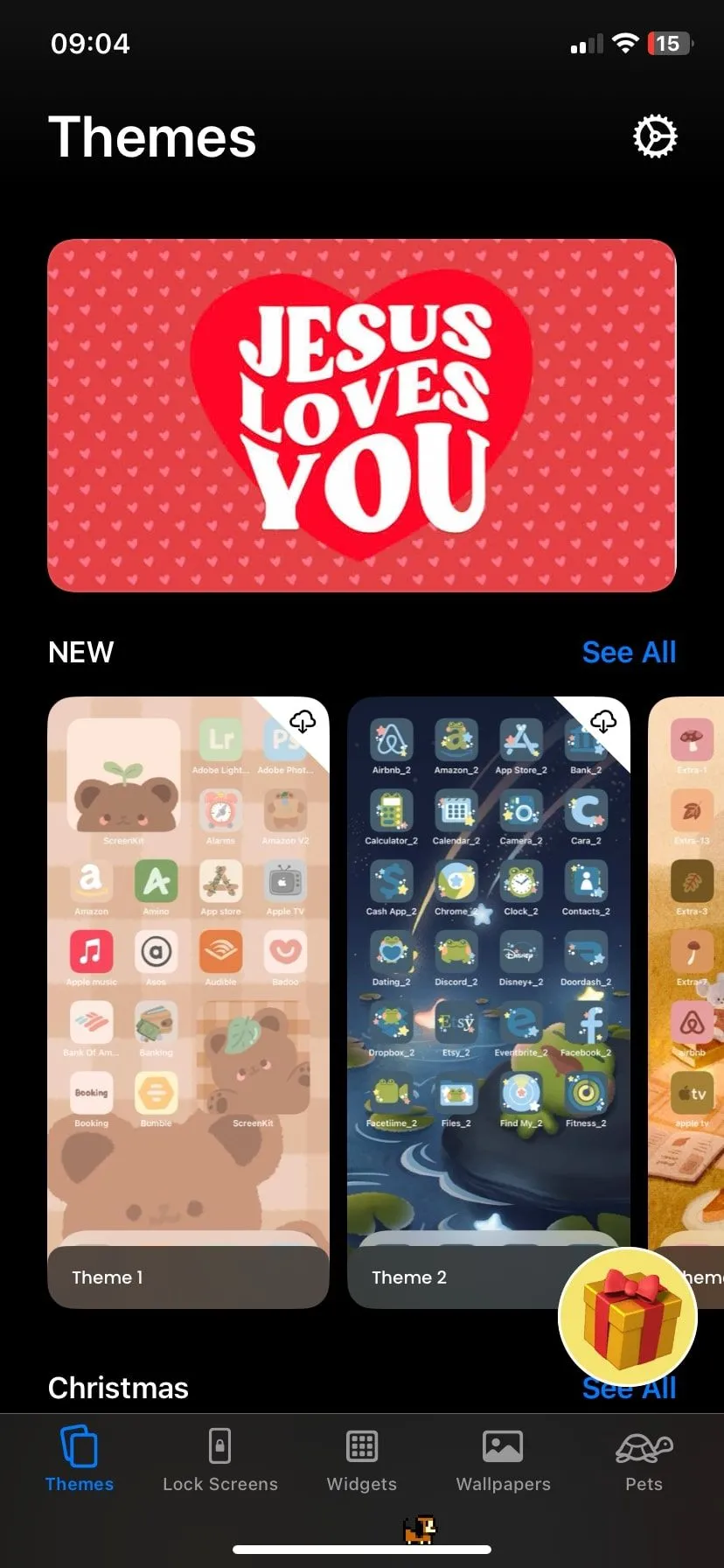 Giao diện ứng dụng ScreenKit trên iPhone, hiển thị các gói biểu tượng và chủ đề thiết kế sẵn