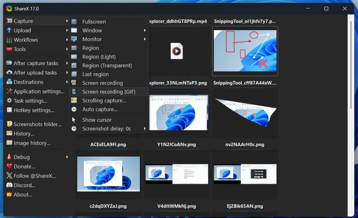 Giao diện ứng dụng ShareX trên Windows hiển thị các tùy chọn chụp màn hình