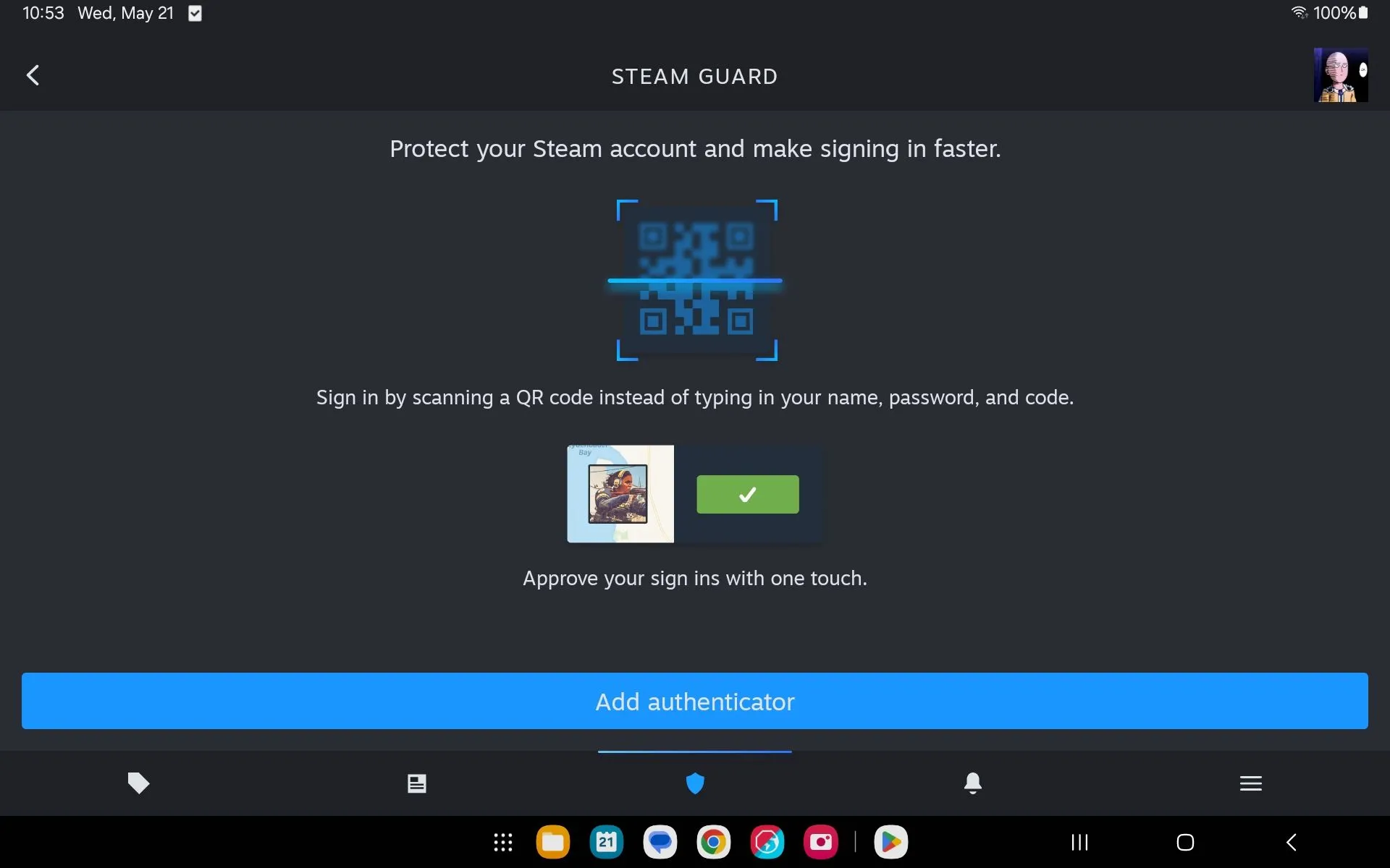 Giao diện ứng dụng Steam Mobile khi thiết lập Steam Guard Mobile Authenticator