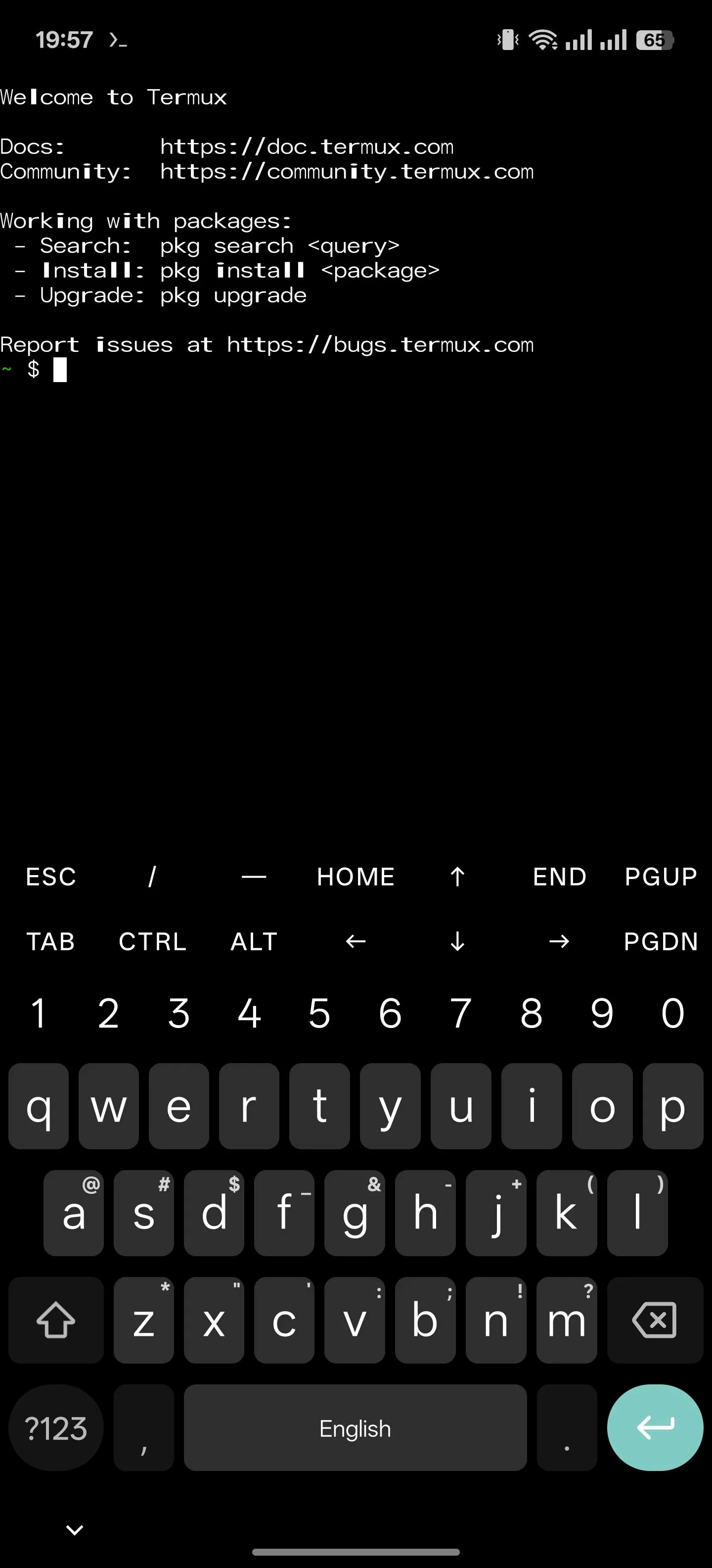 Giao diện ứng dụng Termux hiển thị cửa sổ dòng lệnh trên điện thoại Android.