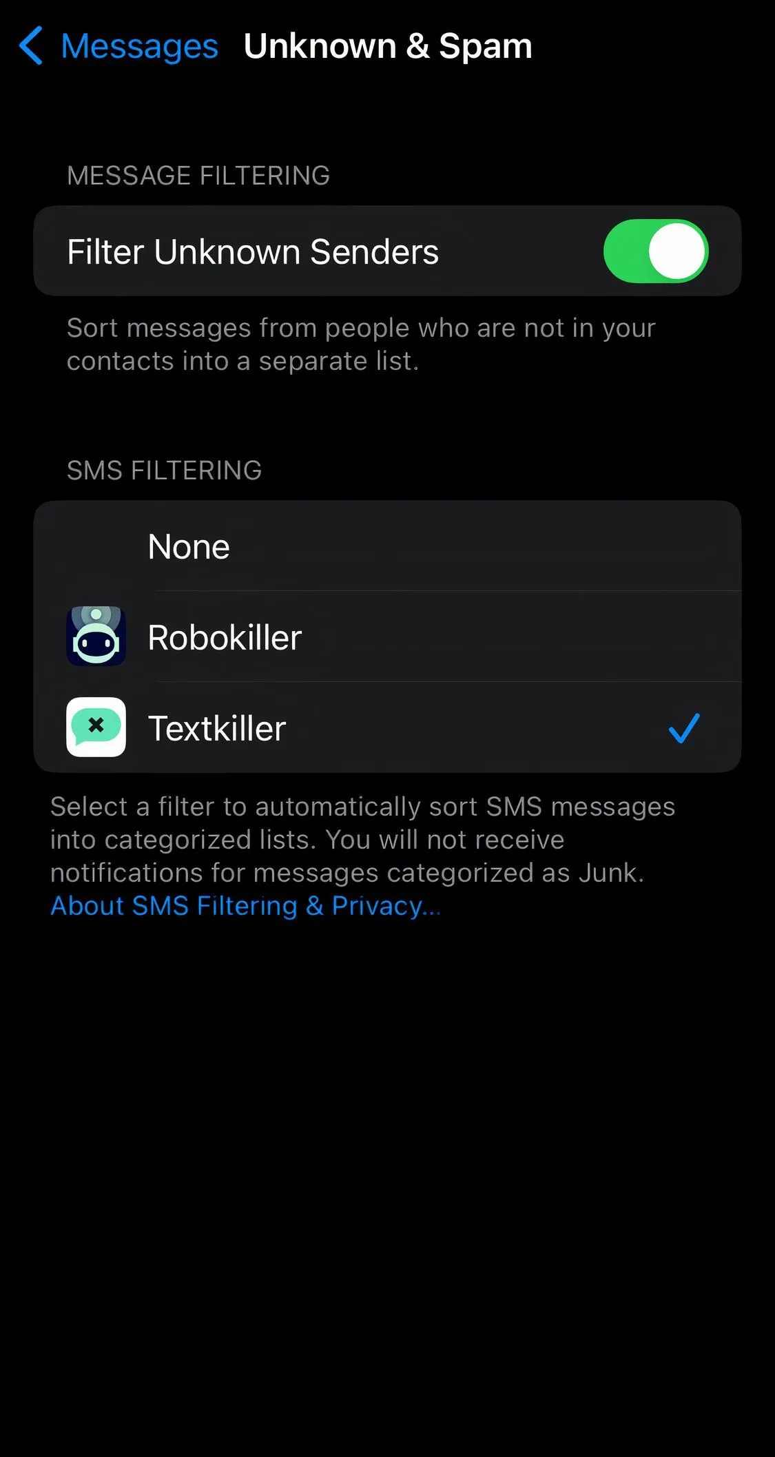 Giao diện ứng dụng TextKiller hiển thị tính năng chặn tin nhắn rác và lừa đảo SMS hiệu quả