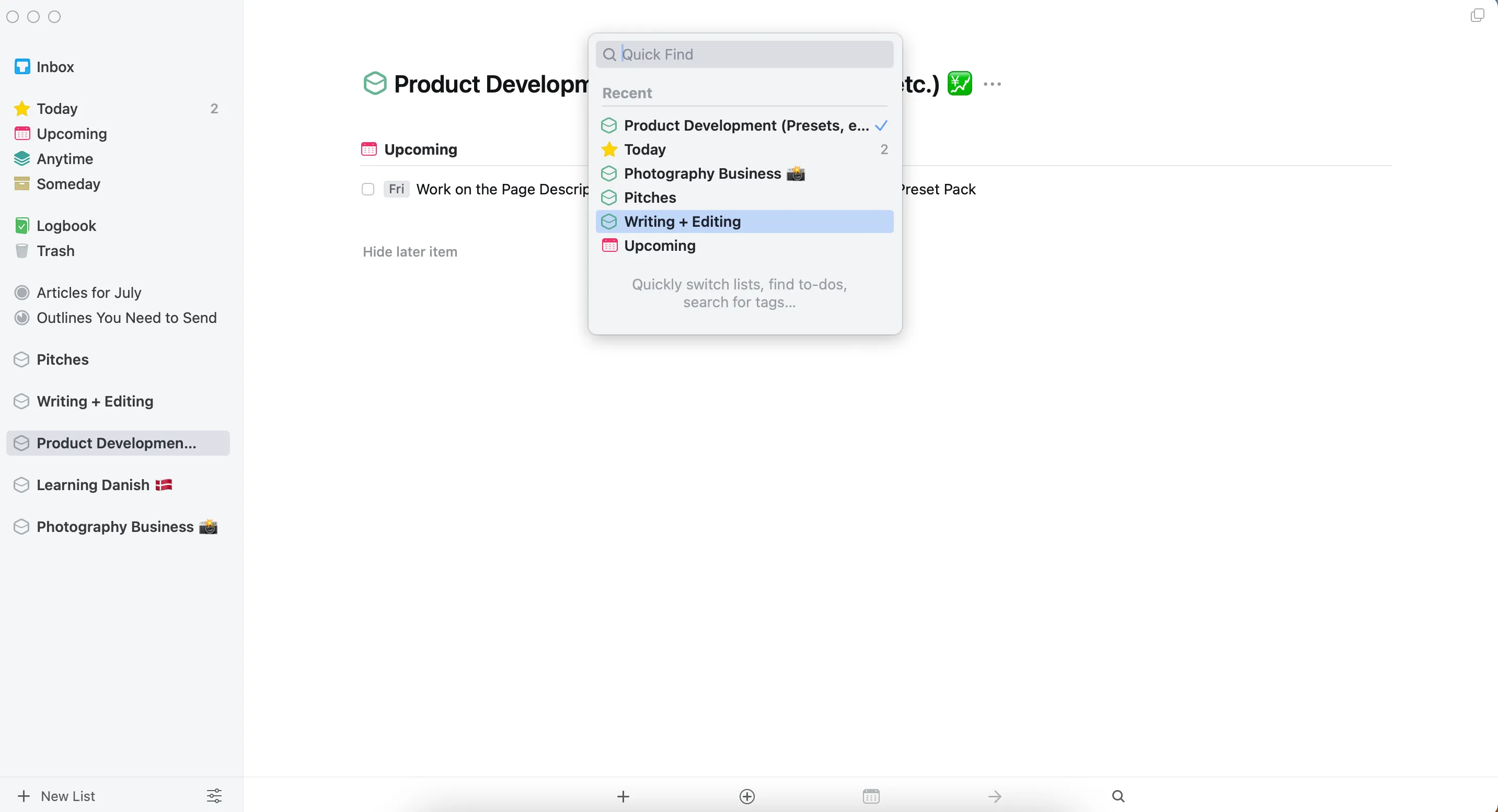 Giao diện ứng dụng Things 3 trên macOS với các danh mục nhiệm vụ