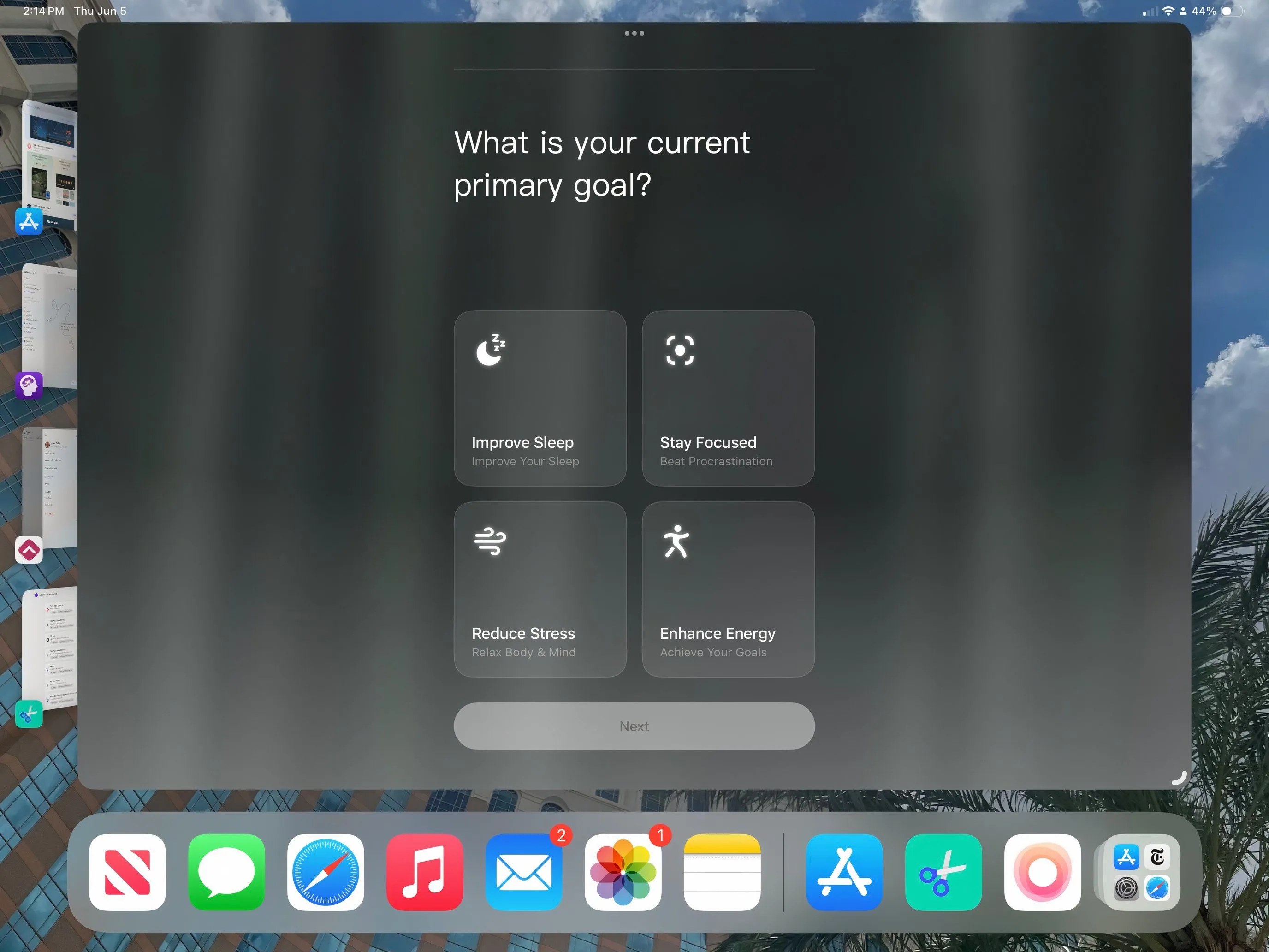 Giao diện ứng dụng TIDE trên iPad với các bài tập thiền và âm thanh thư giãn giúp tăng cường sự tập trung