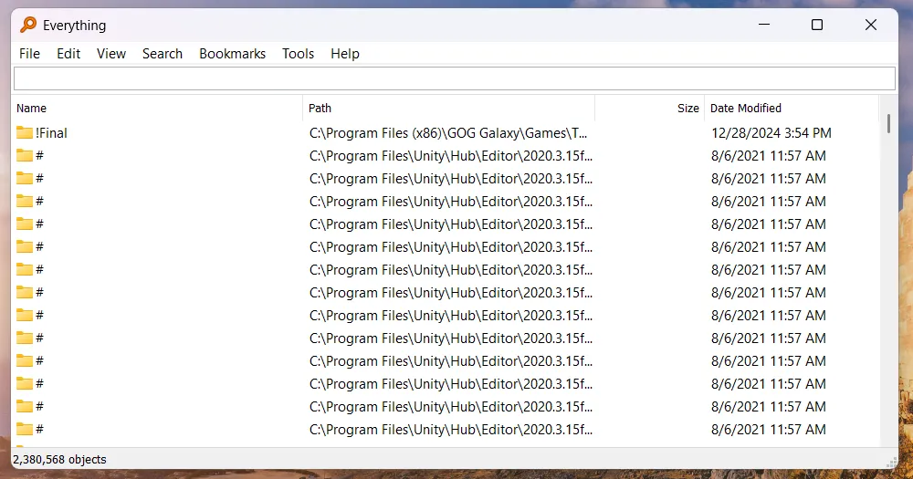 Giao diện ứng dụng tìm kiếm Everything trên Windows, hiển thị kết quả tìm kiếm tệp tức thì.