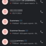 Giao diện ứng dụng Truecaller hiển thị danh sách cuộc gọi đã được xác định là spam hoặc lừa đảo
