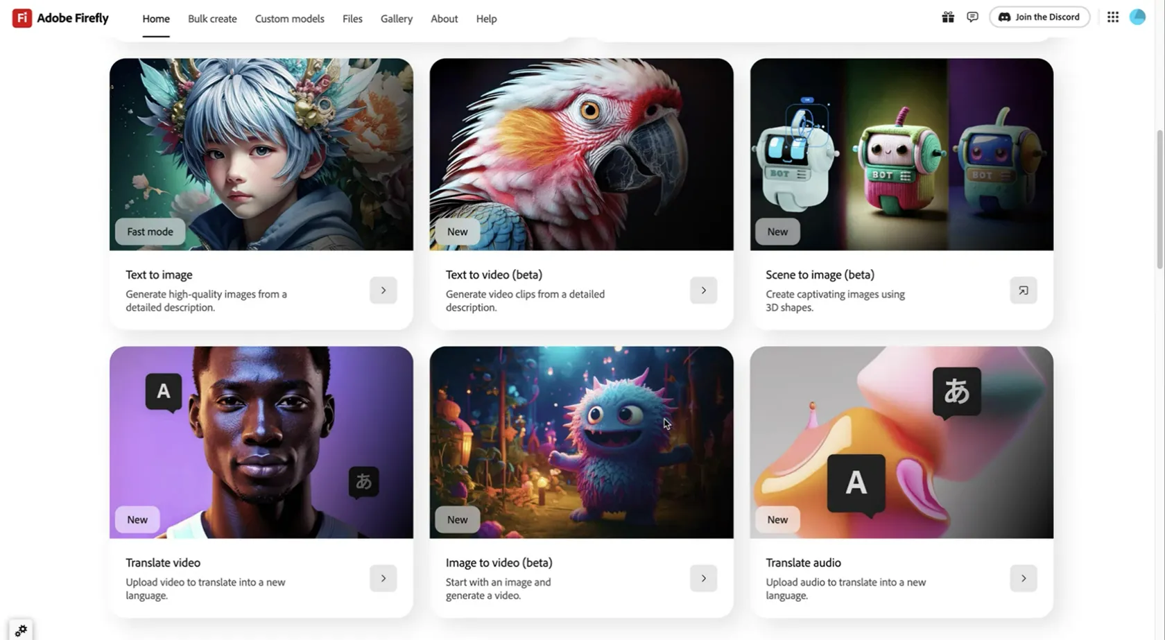 Giao diện ứng dụng web Adobe Firefly với các công cụ AI