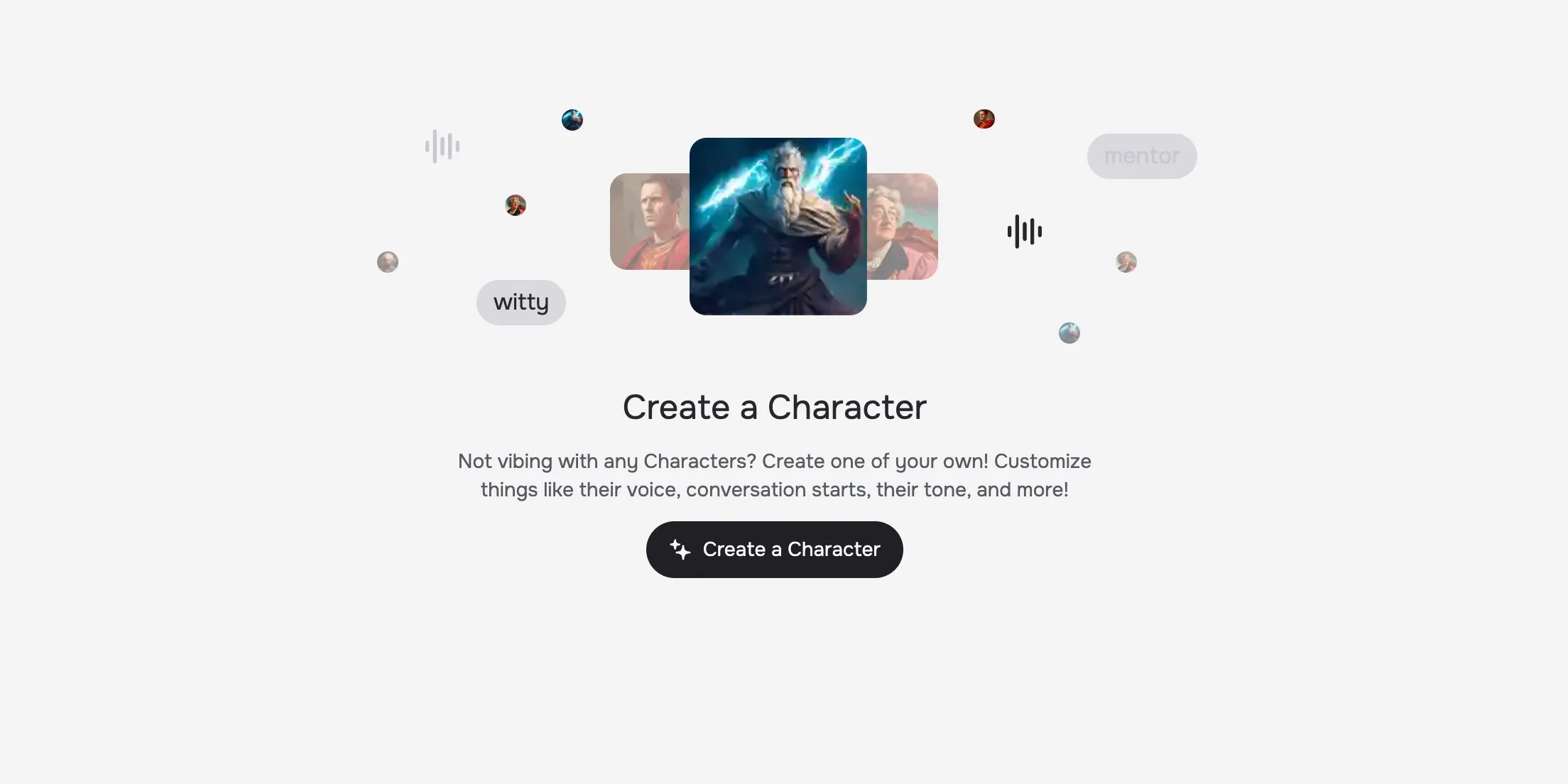 Giao diện ứng dụng web Character.AI gợi ý người dùng tạo nhân vật AI tùy chỉnh của riêng họ