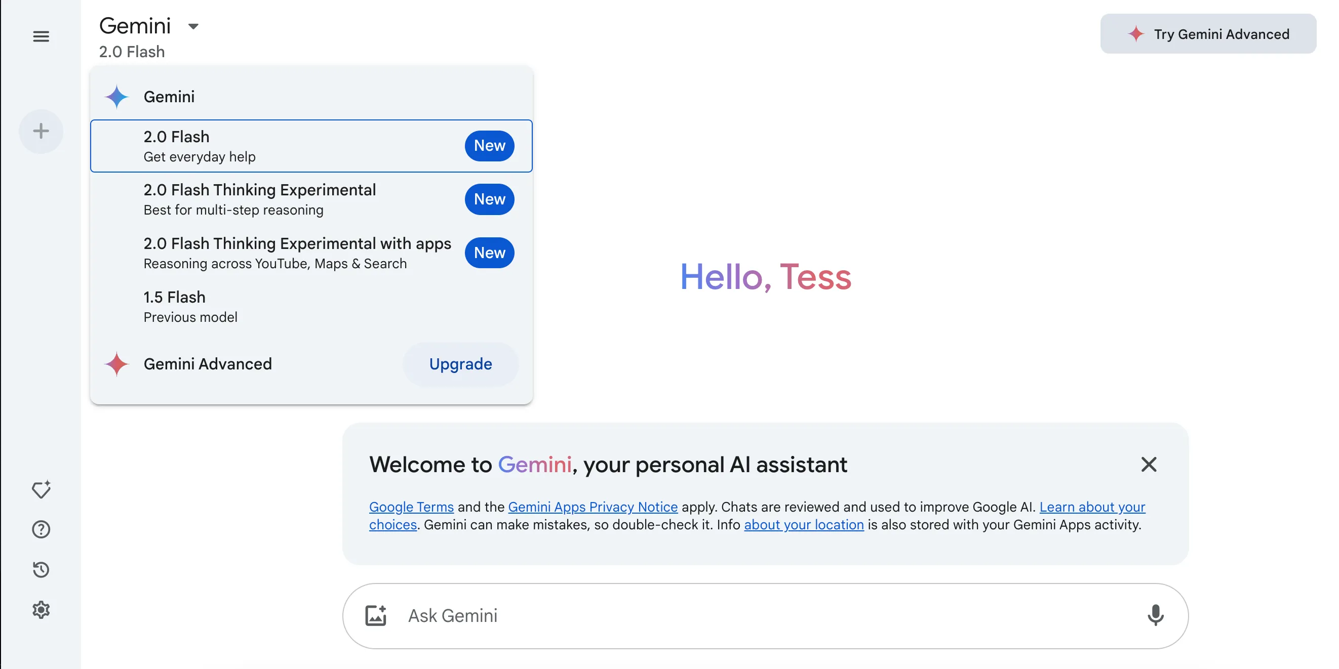 Giao diện ứng dụng web Gemini với menu lựa chọn các mô hình AI, hiển thị Gemini 2.0 Flash là tùy chọn mặc định.