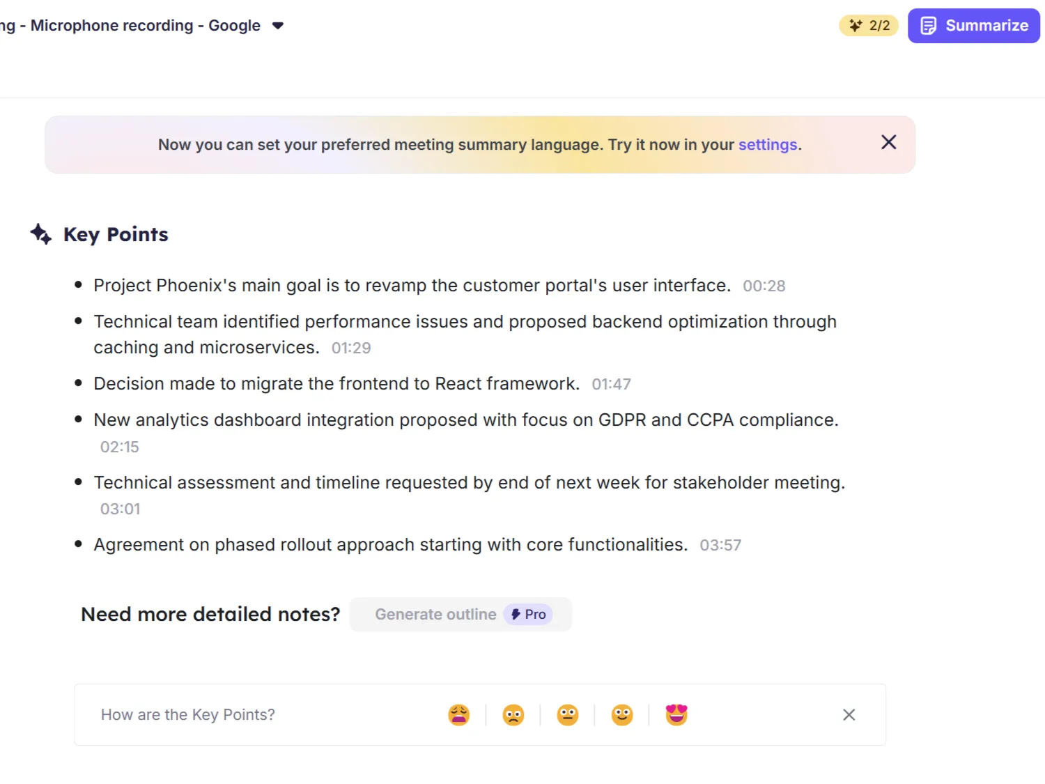 Giao diện ứng dụng web Krisp hiển thị bản tóm tắt cuộc họp bằng các gạch đầu dòng chính