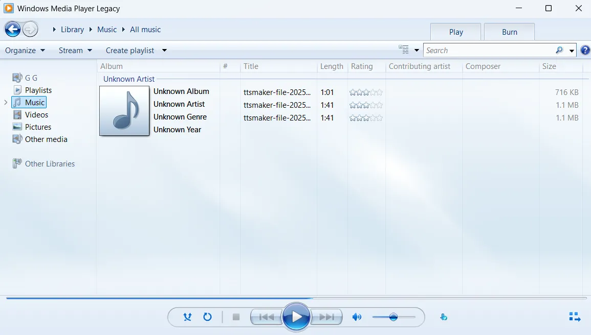 Giao diện ứng dụng Windows Media Player Legacy trên Windows 11, hỗ trợ phát các định dạng file cũ và quản lý thư viện đa phương tiện.