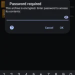 Giao diện ứng dụng ZArchiver trên Android yêu cầu mật khẩu để giải nén file đã mã hóa bằng 7-Zip, minh họa quy trình truy cập dữ liệu bảo mật trên thiết bị di động.
