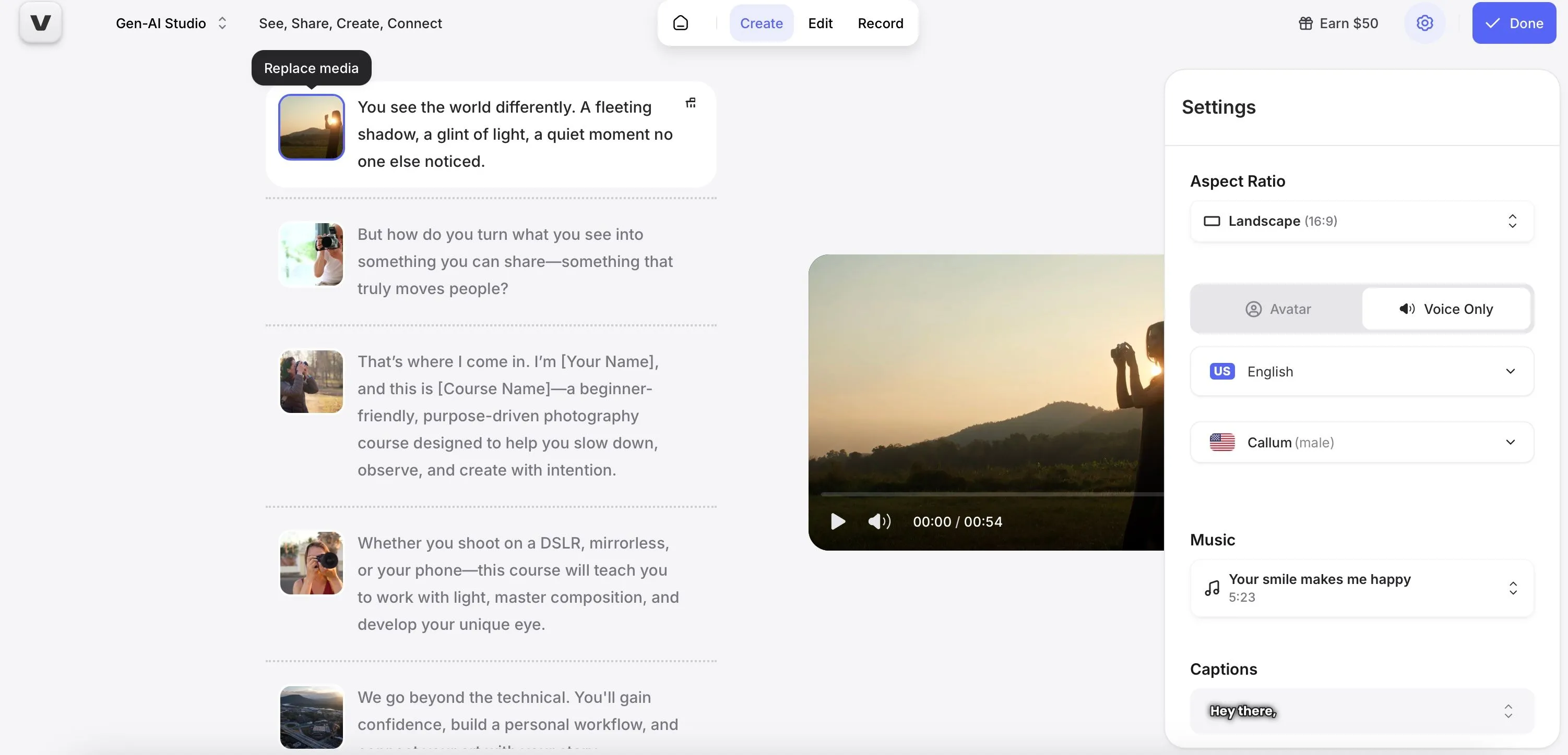Giao diện Veed.io khi tạo video quảng cáo với các tùy chọn và cài đặt