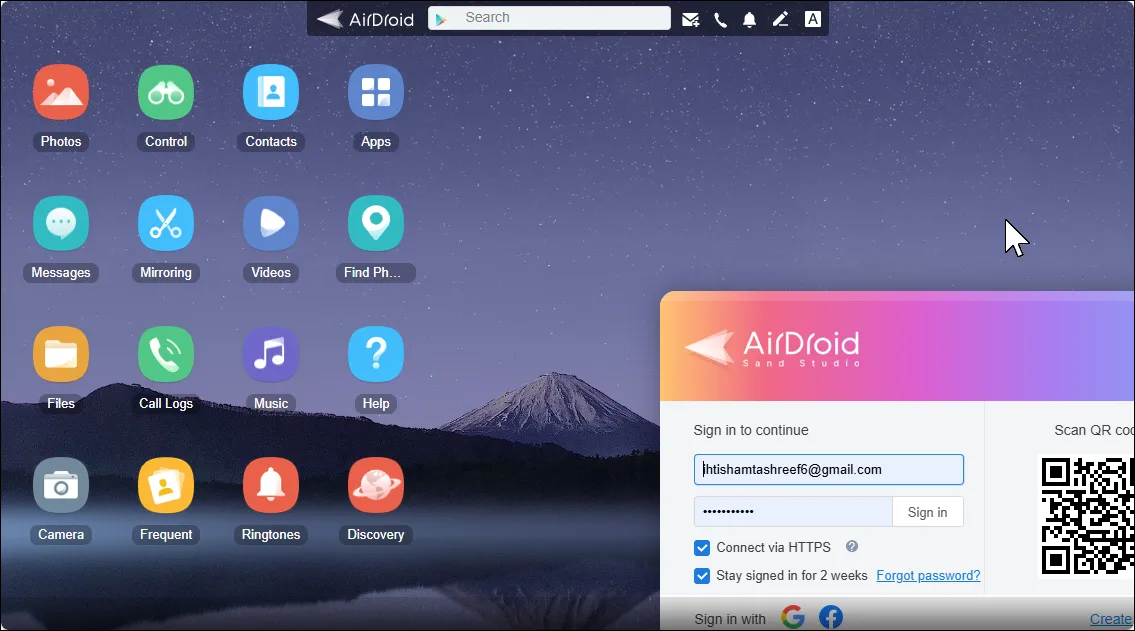 Giao diện web của AirDroid, cho phép điều khiển điện thoại Android từ xa qua trình duyệt