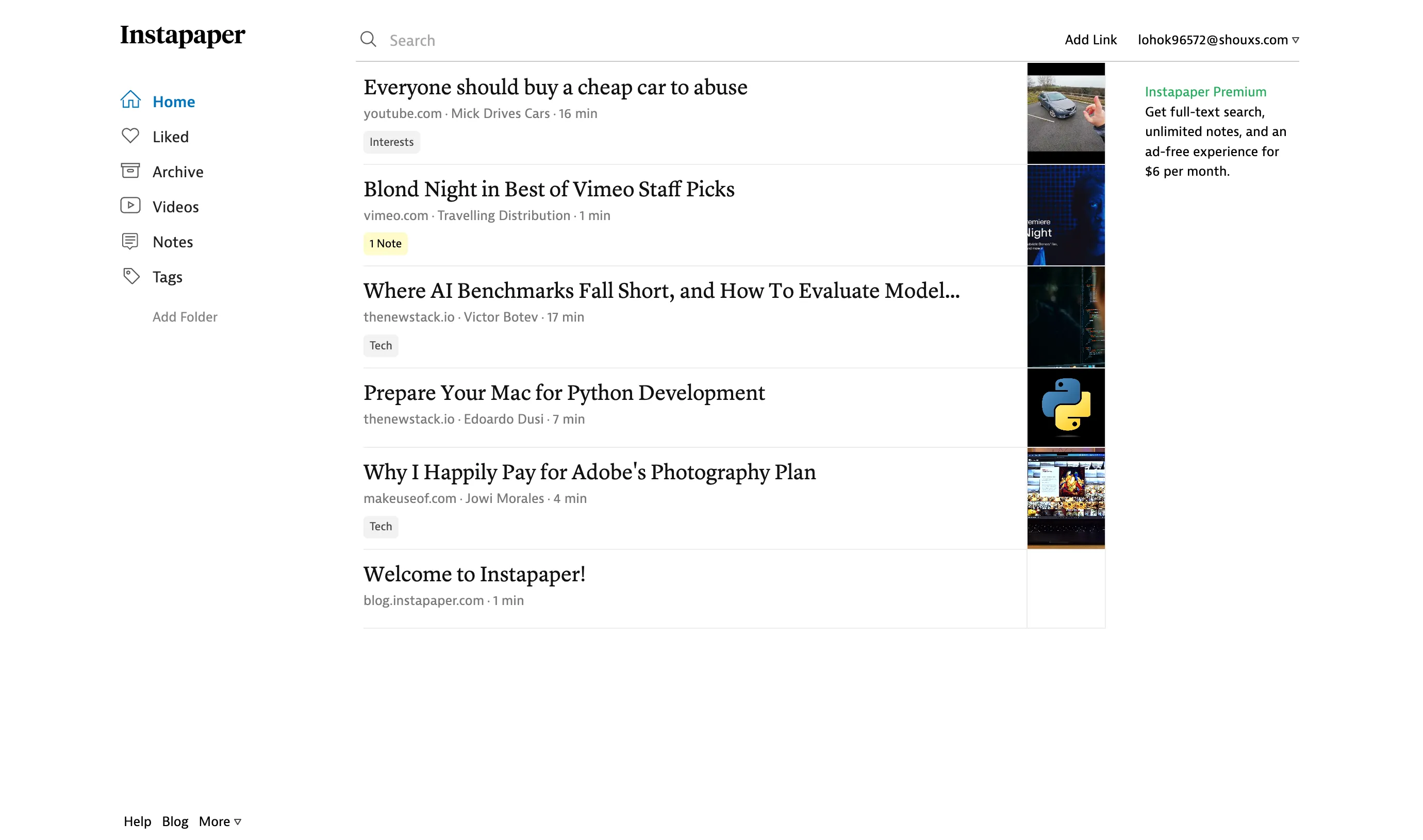 Giao diện web của ứng dụng đọc sau Instapaper hiển thị danh sách các bài viết đã lưu