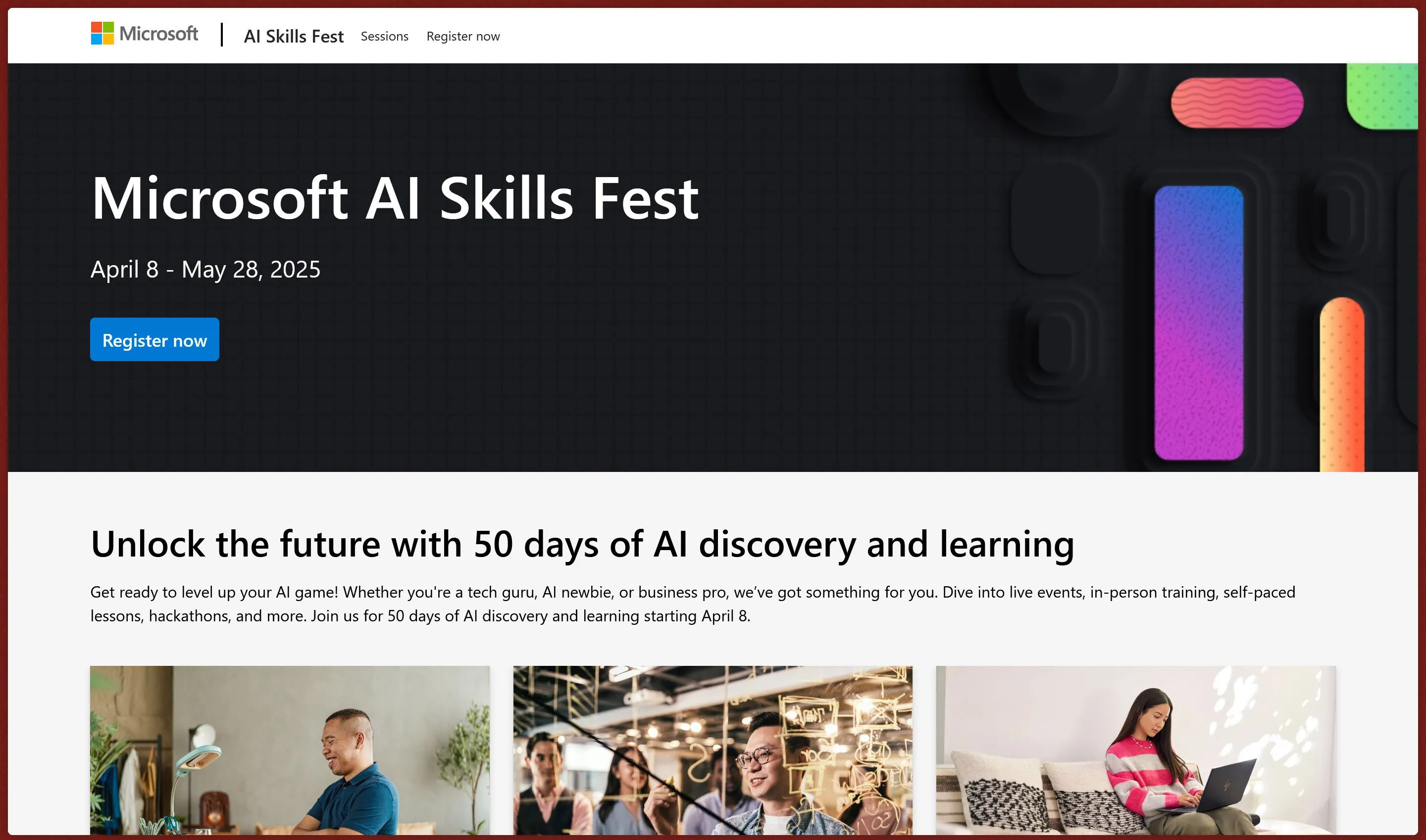 Giao diện website AI Skills Fest của Microsoft, nơi cung cấp các khóa học AI miễn phí và thông tin sự kiện