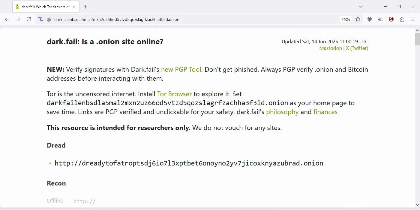 Giao diện website Dark.Fail trên trình duyệt Tor, minh họa nội dung đa dạng trên dark web