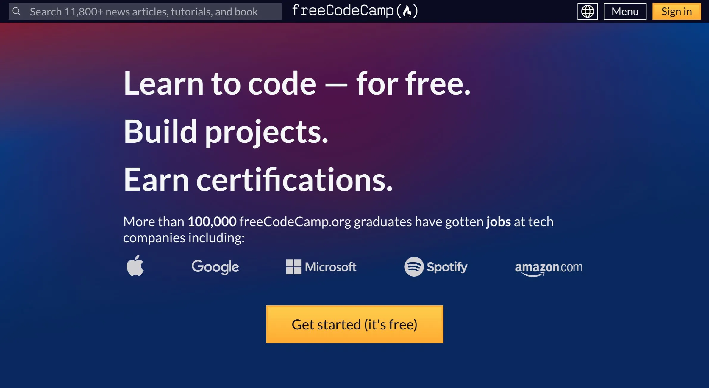 Giao diện website freeCodeCamp, nền tảng học lập trình miễn phí và phát triển kỹ năng mã hóa
