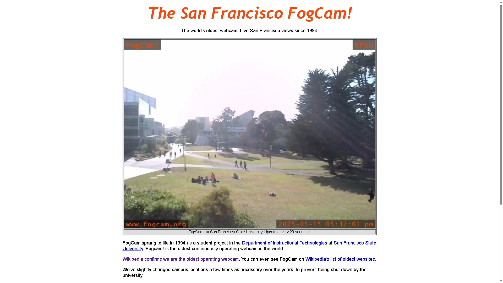 Giao diện website San Francisco FogCam hiển thị ảnh trực tiếp từ webcam với độ phân giải thấp đặc trưng của những năm 90.