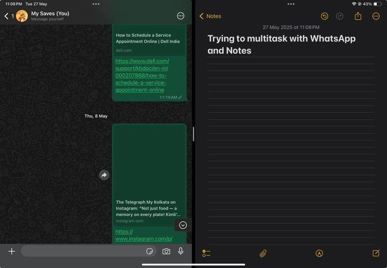 Giao diện WhatsApp trên iPad trong chế độ Split View, minh họa khả năng đa nhiệm hiệu quả
