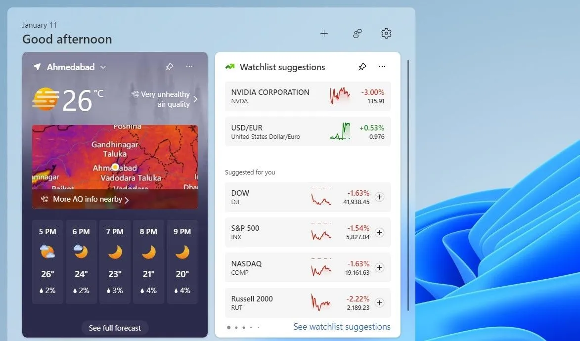 Giao diện widget thời tiết trên bảng tiện ích Windows 11 hiển thị dự báo chi tiết