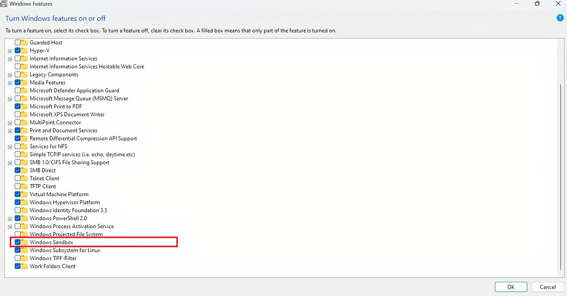 Giao diện Windows Features hiển thị tùy chọn &quot;Windows Sandbox&quot; được đánh dấu để kích hoạt tính năng hộp cát ảo.