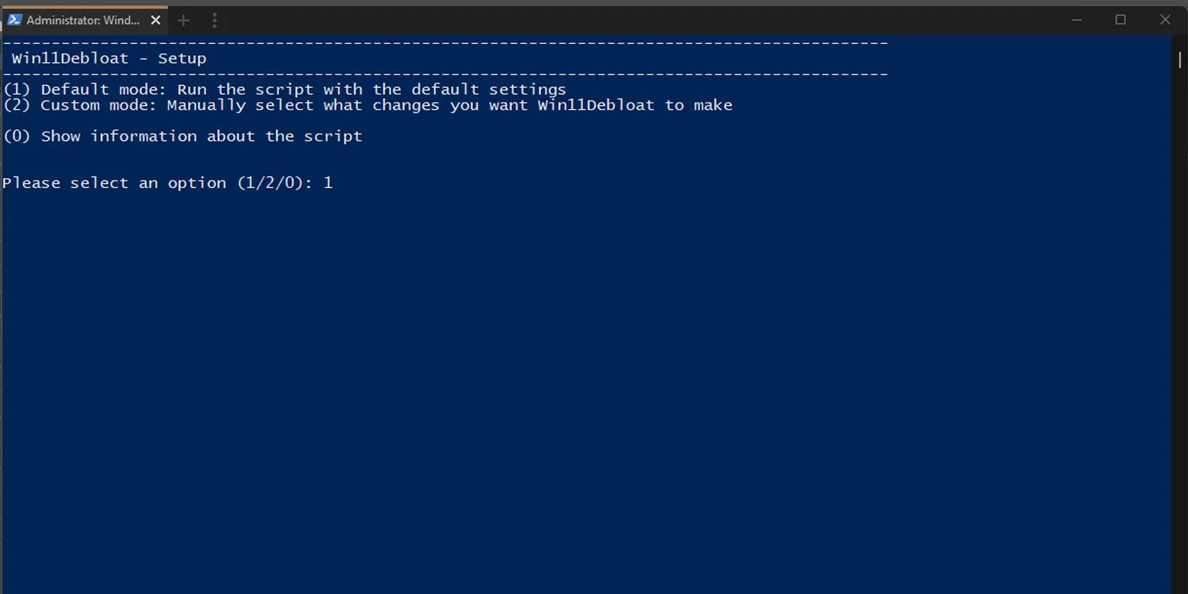 Giao diện Windows PowerShell hiển thị quá trình thiết lập và chạy công cụ Win11Debloat để gỡ bloatware.