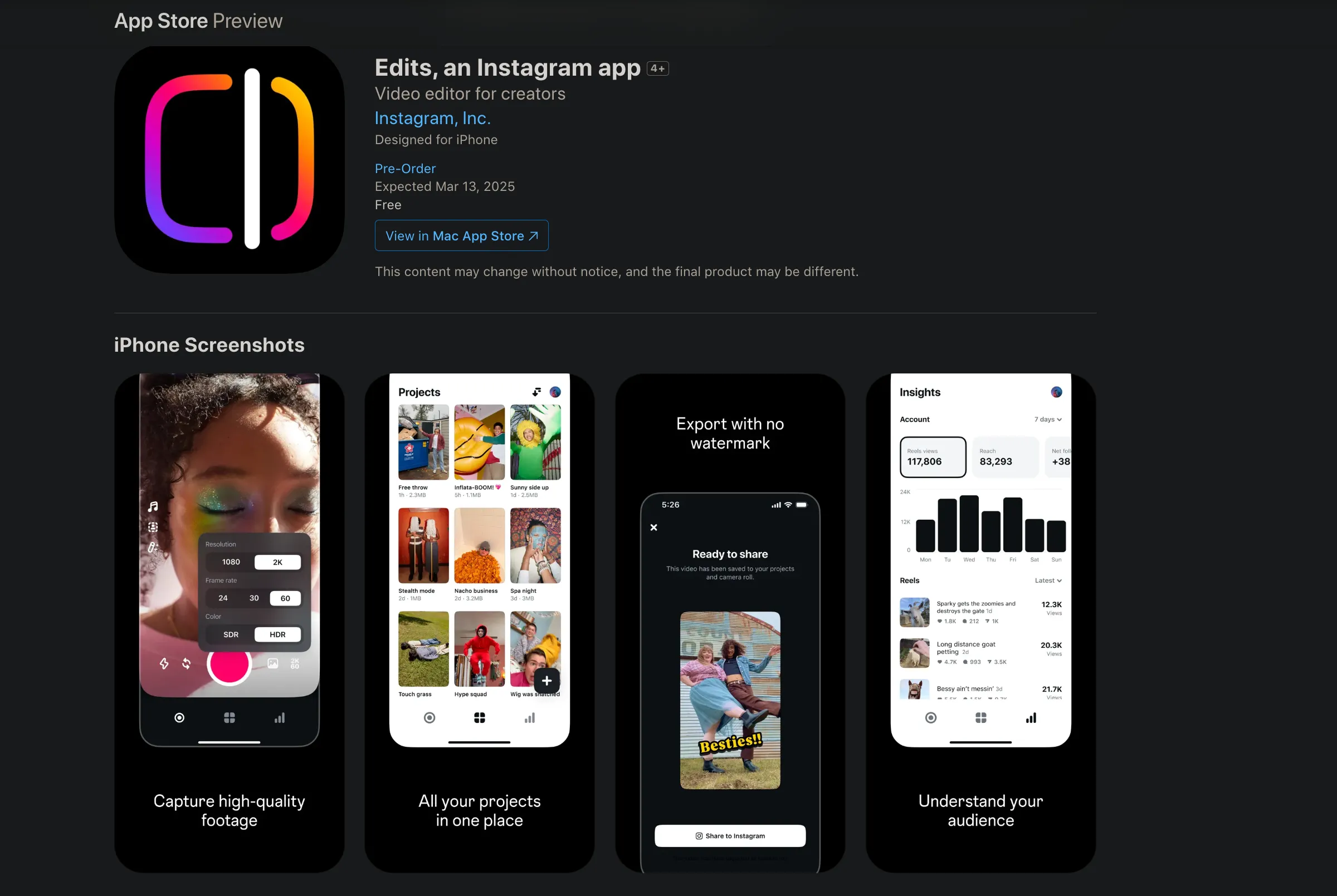 Giao diện xem trước ứng dụng Edits của Instagram trên App Store với các tính năng sáng tạo nội dung