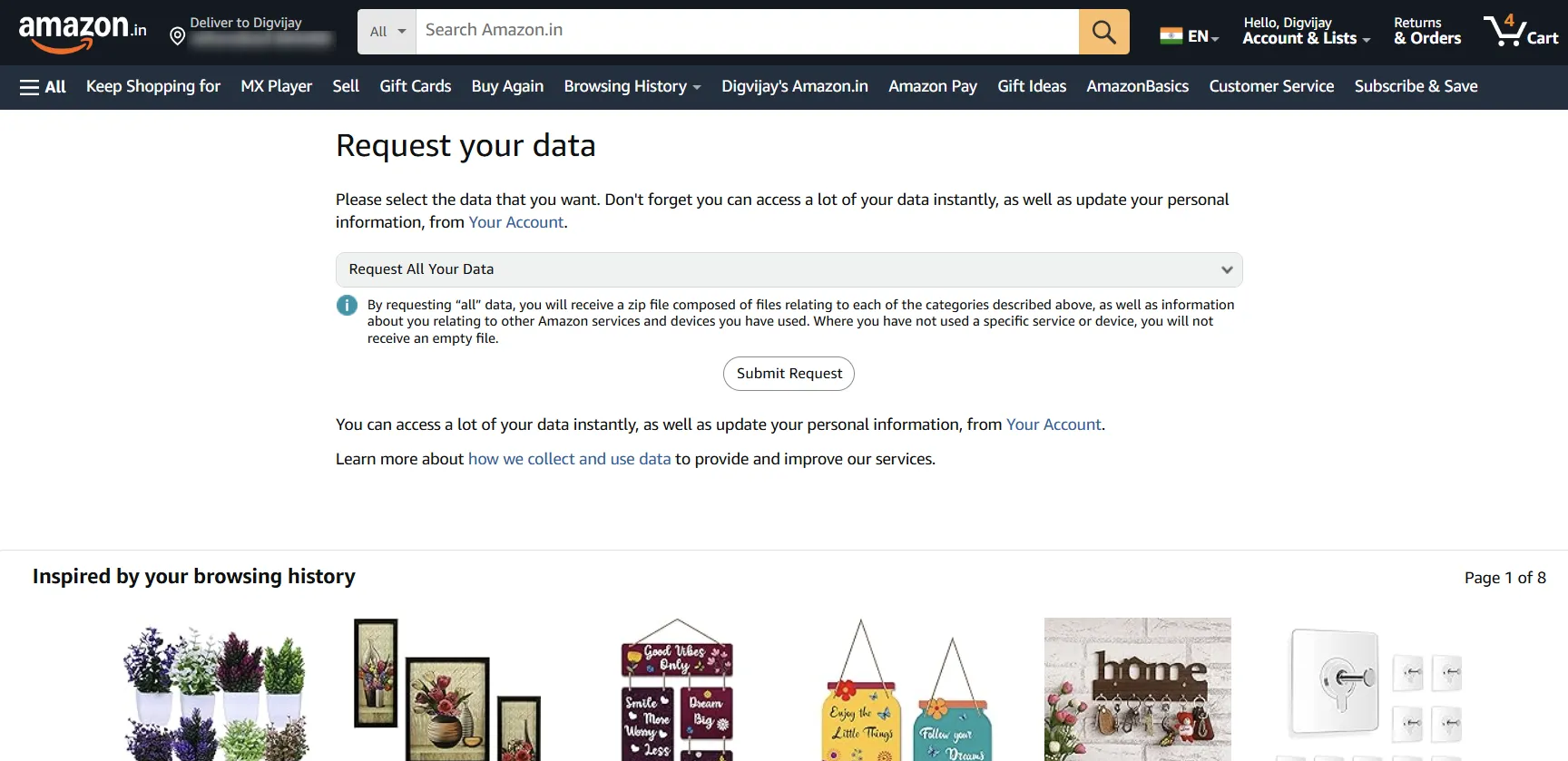 Giao diện yêu cầu tải xuống toàn bộ dữ liệu cá nhân của bạn từ Amazon