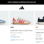 Giày thể thao Adidas hiển thị logo Buy with Prime, minh họa lợi ích giao hàng nhanh chóng cho thành viên Amazon Prime.