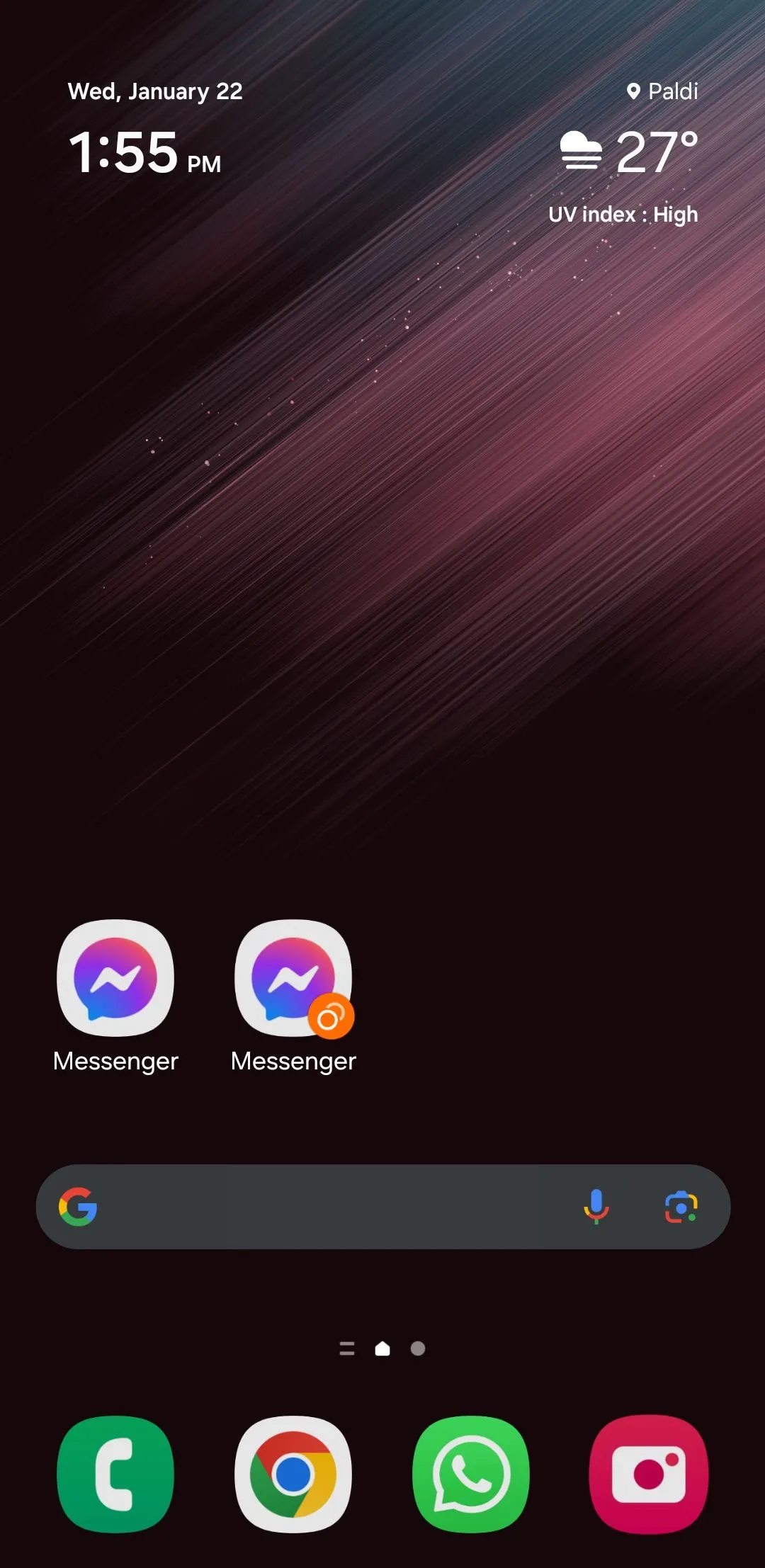 Hai bản sao ứng dụng Messenger trên màn hình chính Samsung, minh họa tính năng nhân đôi ứng dụng