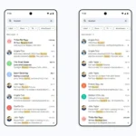 Hai thiết bị di động minh họa so sánh kết quả tìm kiếm Gmail trước và sau khi sử dụng tính năng "Most relevant" do AI hỗ trợ