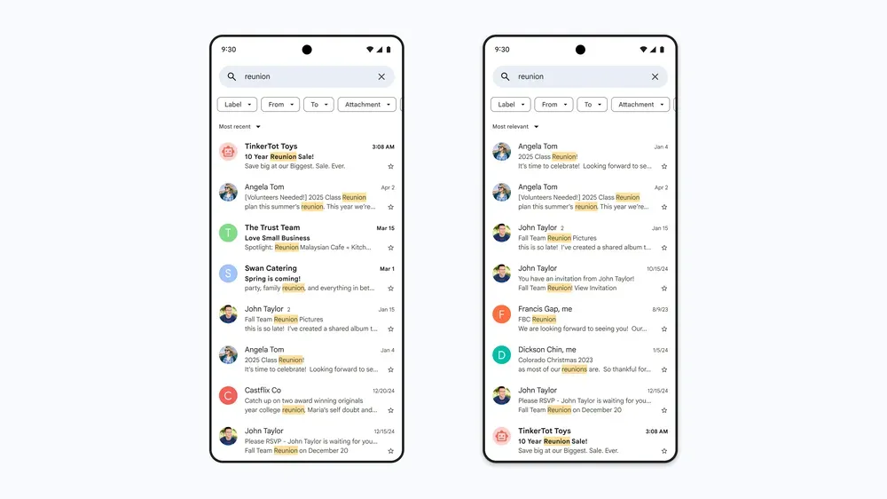 Hai thiết bị di động minh họa so sánh kết quả tìm kiếm Gmail trước và sau khi sử dụng tính năng "Most relevant" do AI hỗ trợ