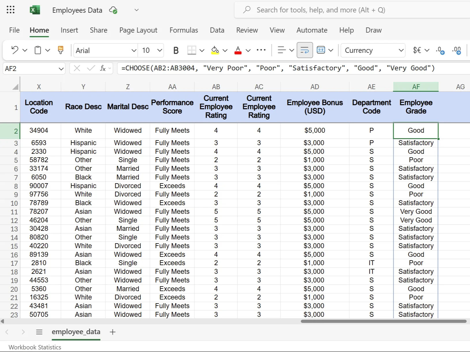 Hàm CHOOSE trong Excel chuyển đổi điểm số thành các xếp loại hiệu suất của nhân viên