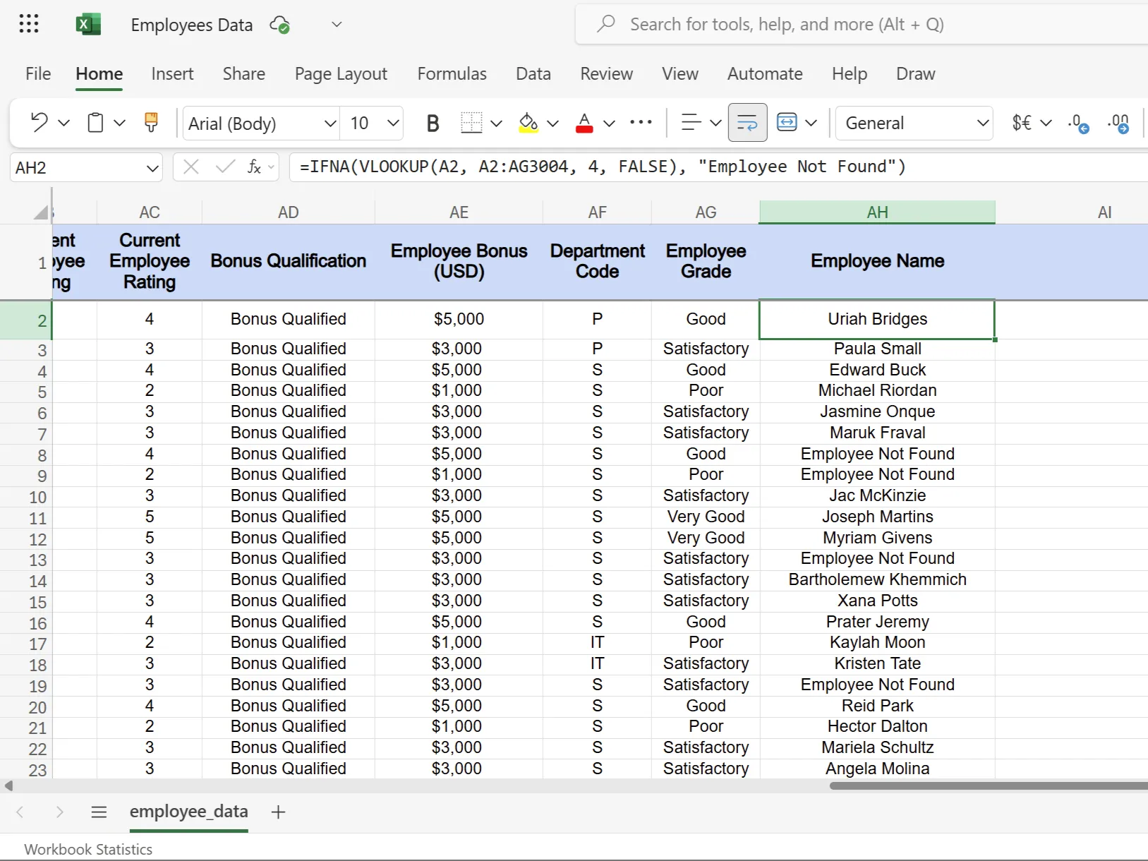 Hàm IFNA trong Excel hiển thị thông báo &quot;Không tìm thấy nhân viên&quot; khi ID không có trong danh sách
