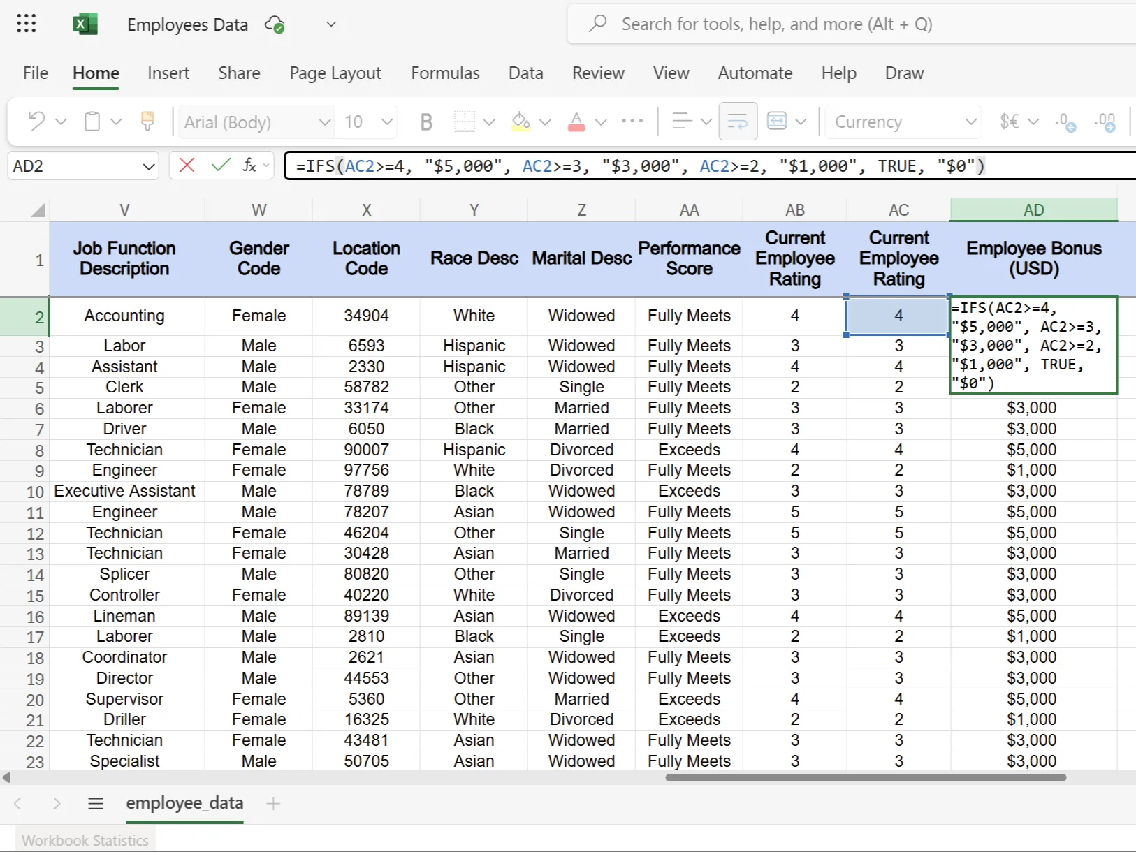 Hàm IFS trong Excel hiển thị số tiền thưởng cho từng nhân viên dựa trên tiêu chí hiệu suất